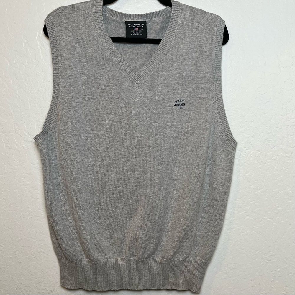 Polo Jeans Co Ralph Lauren Mens V-Neck Gray Sweater Vest XL 100% Cotton 90s Prep